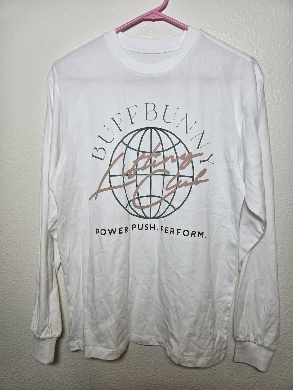 Buffbunny Lifting Club T-Shirt Women’s Small White Long Sleeve 100% Cotton